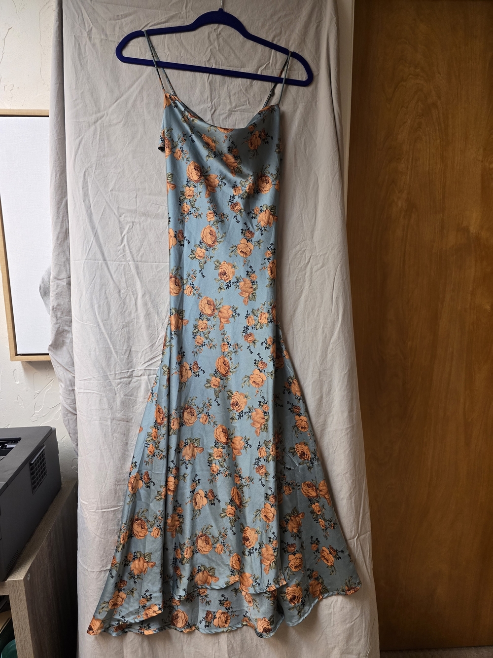 Astr Blue Maxi Slip Dress with Orange Floral Print